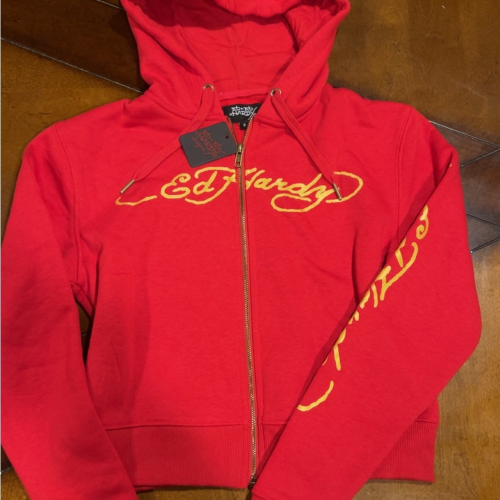 Ed Hardy Vibrant Red Hoodie with Gold Details